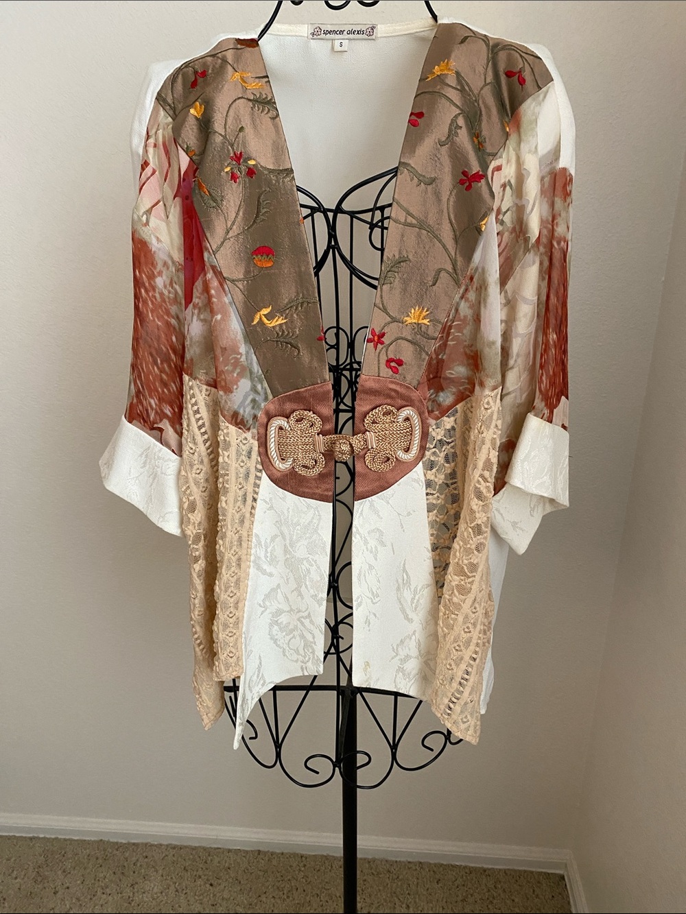 Spencer Alexis Cream and Rust Embroidered Kimono Jacket
